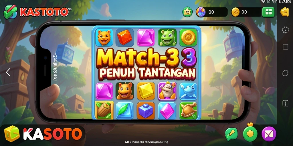 Tampilan gameplay Match-3 KASTOTO yang penuh warna dan seru.