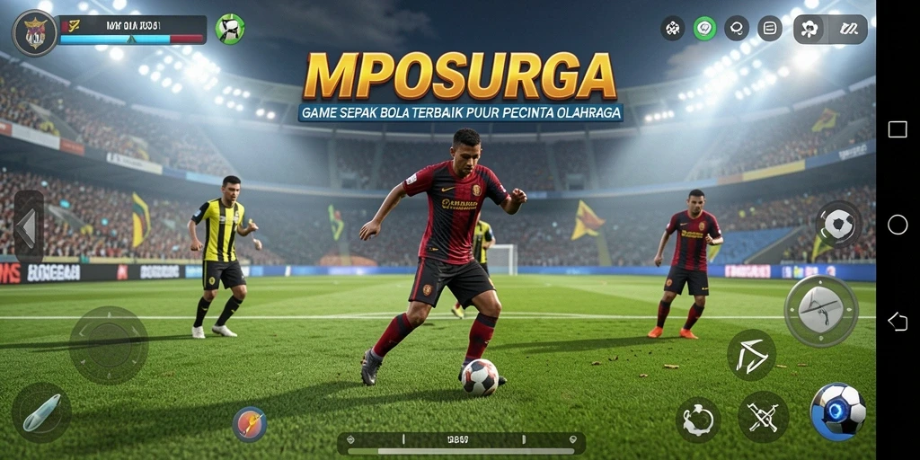 Tampilan screenshot MPOSURGA menunjukkan aksi pertandingan sepak bola yang mendebarkan.