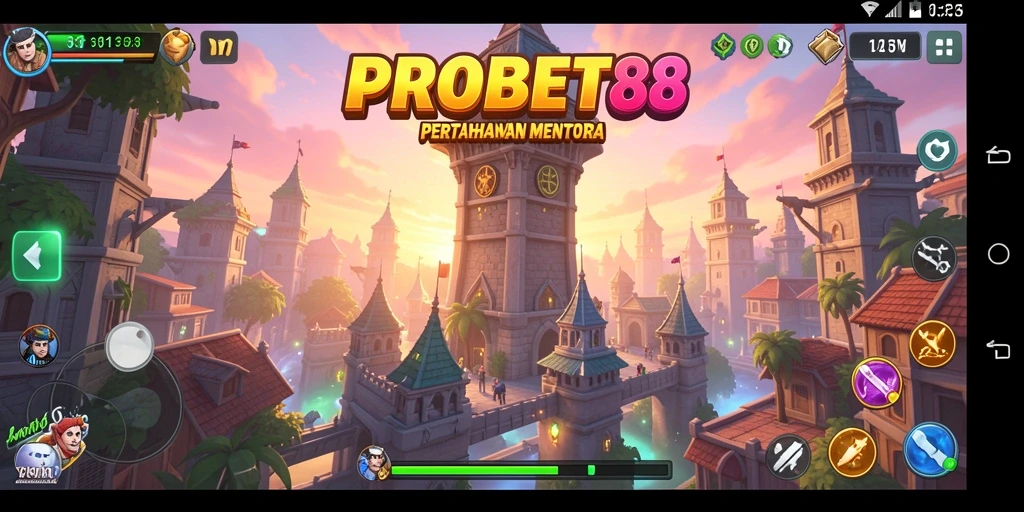 Screenshot gameplay PROBET88 menampilkan pertarungan menara epik.