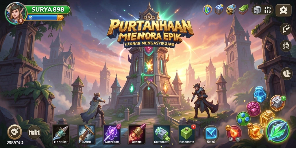 Gameplay SURYA898 dengan menara bertahan melawan gelombang musuh.